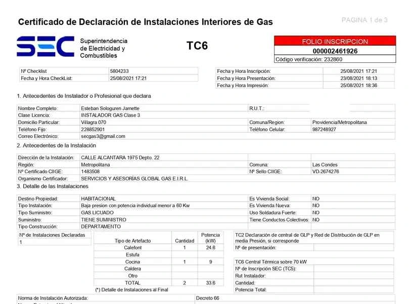Certificado TC6 para instalaciones interiores de gas en Chile